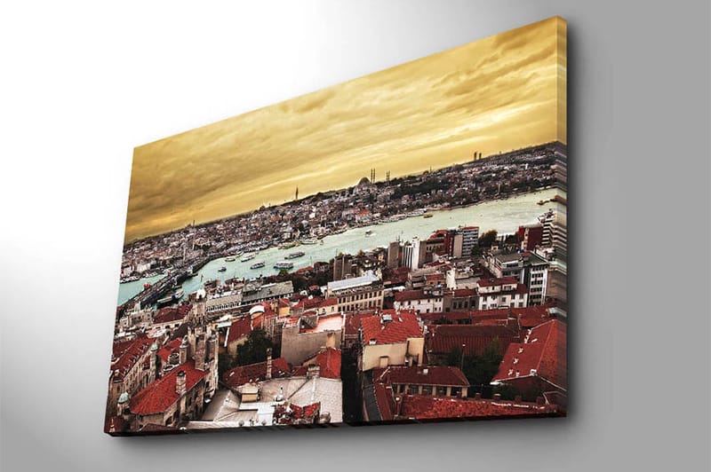 Lærred 70x100 cm - Panoramaudsigt over Istanbul med tegltage og en glitrende vandoverflade - Rød / Turkis / Guld - Boligtilbehør - Billeder & kunst - Billeder på lærred