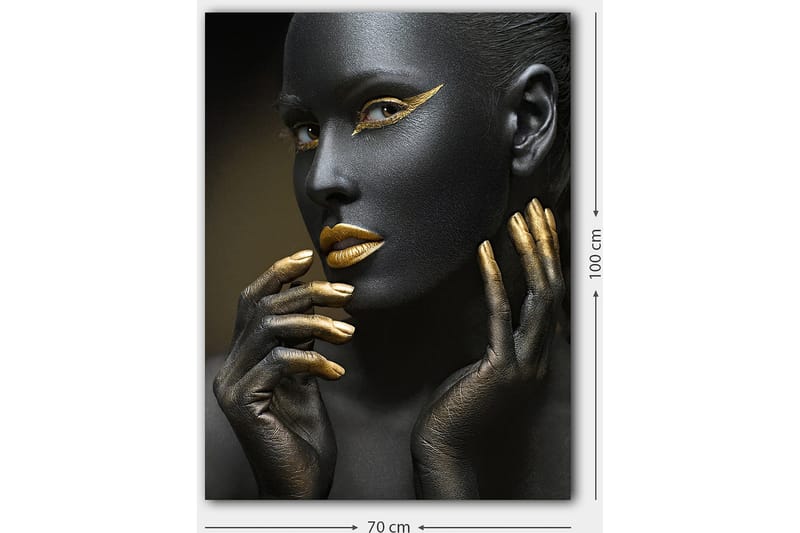 Lærred 70x100 cm - Portræt af en kvinde med sort ansigtsmaling og gyldne detaljer - Sort / Guld - Boligtilbehør - Billeder & kunst - Billeder på lærred