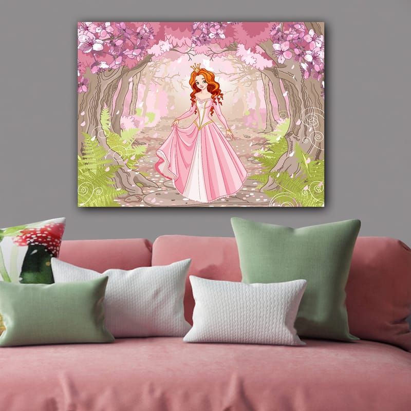 Lærred 70x100 cm - Prinsesse i en lyserød kjole går gennem en blomstrende skov - Lyserød / Grøn / Brun - Boligtilbehør - Billeder & kunst - Billeder på lærred