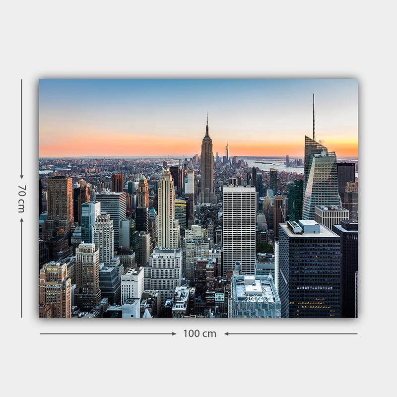 Lærred 70x100 cm - Panoramaudsigt over New York City med ikoniske skyskrabere i solnedgangens lys - Blå / Grå / Orange - Boligtilbehør - Billeder & kunst - Billeder på lærred
