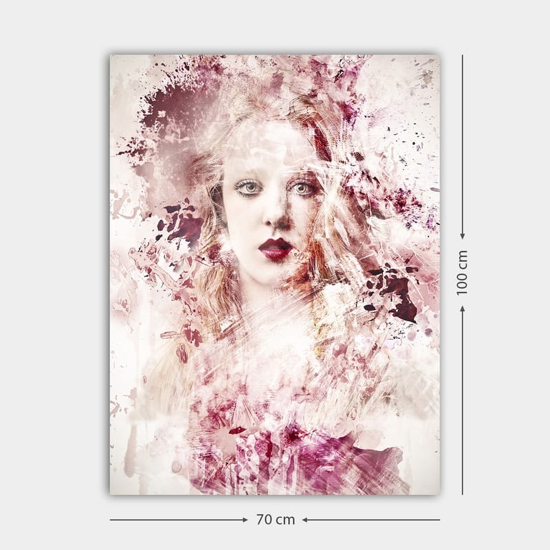 Lærred 70x100 cm - Portræt af en kvinde med dramatiske farvetoner og abstrakte elementer - Mørk rød / Lys pink / Hvid - Boligtilbehør - Billeder & kunst - Billeder på lærred