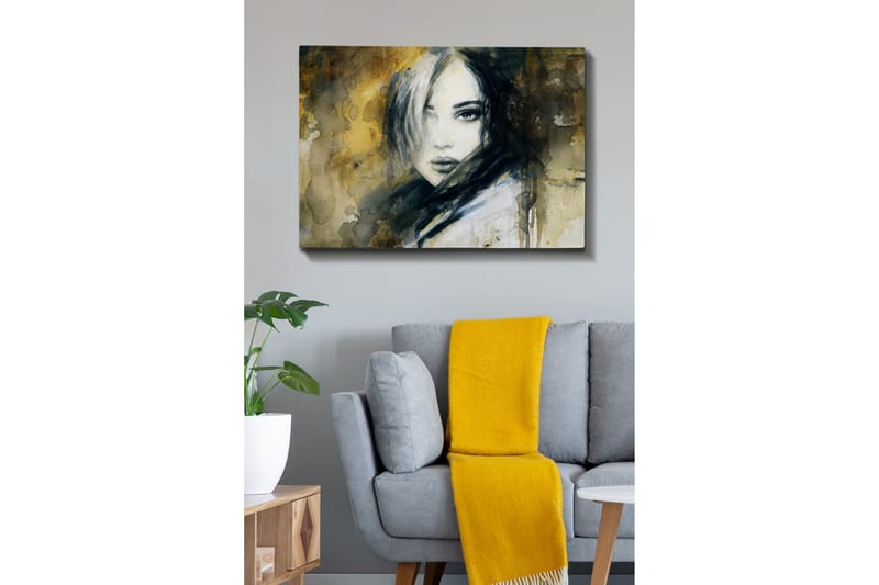 Lærred 70x100 cm - Portræt af en kvinde med et mystisk og intenst blik - Mørkeblå / Beige / Hvid - Boligtilbehør - Billeder & kunst - Billeder på lærred