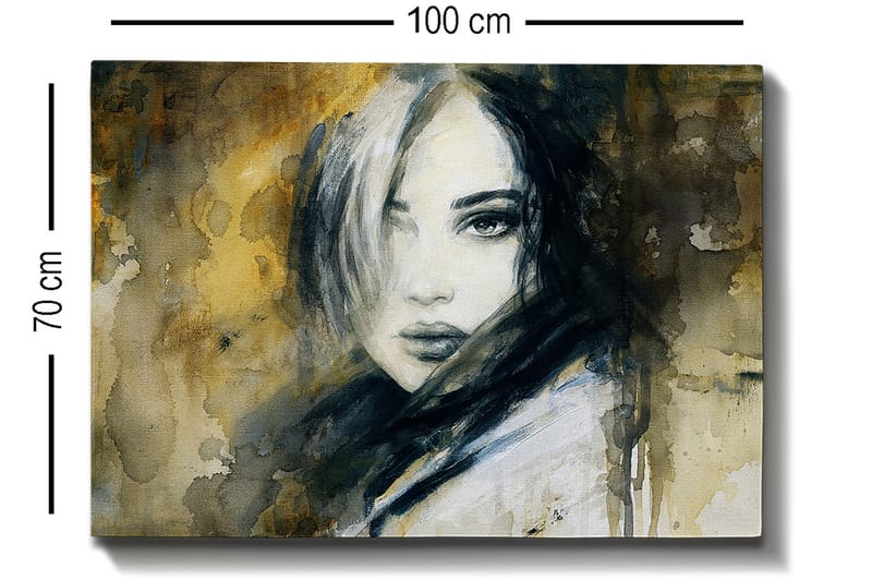 Lærred 70x100 cm - Portræt af en kvinde med et mystisk og intenst blik - Mørkeblå / Beige / Hvid - Boligtilbehør - Billeder & kunst - Billeder på lærred