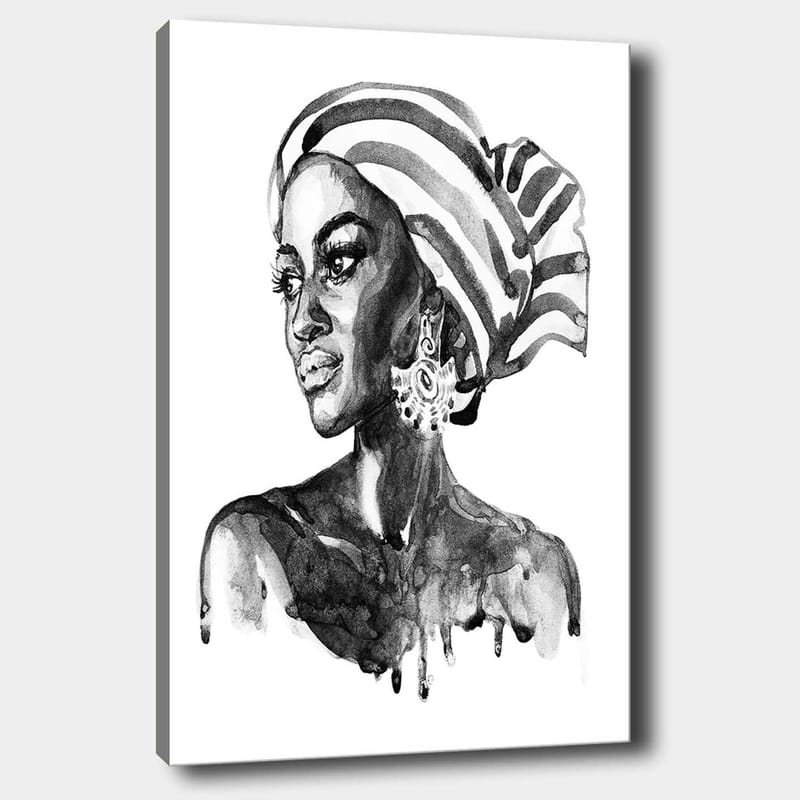 Lærred 70x100 cm - Portræt af en kvinde med mønstret hovedtørklæde og elegante smykker, Sort / Hvid