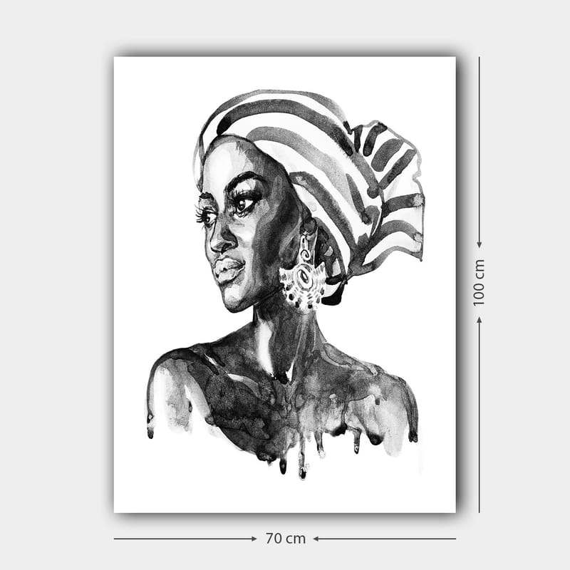 Lærred 70x100 cm - Portræt af en kvinde med mønstret hovedtørklæde og elegante smykker - Sort / Hvid - Boligtilbehør - Billeder & kunst - Billeder på lærred
