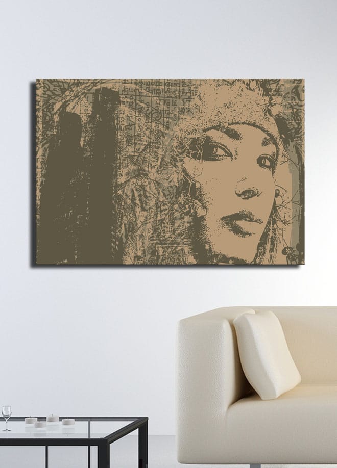 Lærred 70x100 cm - Portræt af en kvinde med et mystisk og udtryksfuldt blik - Beige / Brun - Boligtilbehør - Billeder & kunst - Billeder på lærred