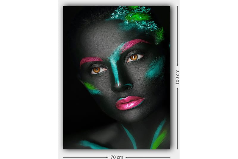 Lærred 70x100 cm - Portræt af en kvinde med farverig ansigtsmaling på en sort baggrund - Sort / Pink / Grøn - Boligtilbehør - Billeder & kunst - Billeder på lærred