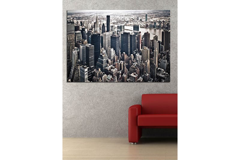 Lærred 70x100 cm - Panoramaudsigt over en by med høje skyskrabere og et livligt bybillede - Sort / Grå / Hvid - Boligtilbehør - Billeder & kunst - Billeder på lærred