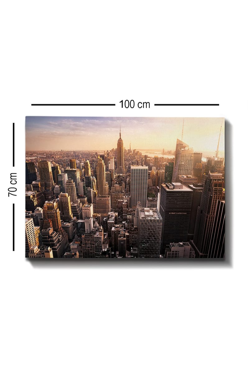 Lærred 70x100 cm - Panoramaudsigt over en by med skyskrabere og den ikoniske Empire State Building ved solnedgang - Guld / Grå / Blå - Boligtilbehør - Billeder & kunst - Billeder på lærred