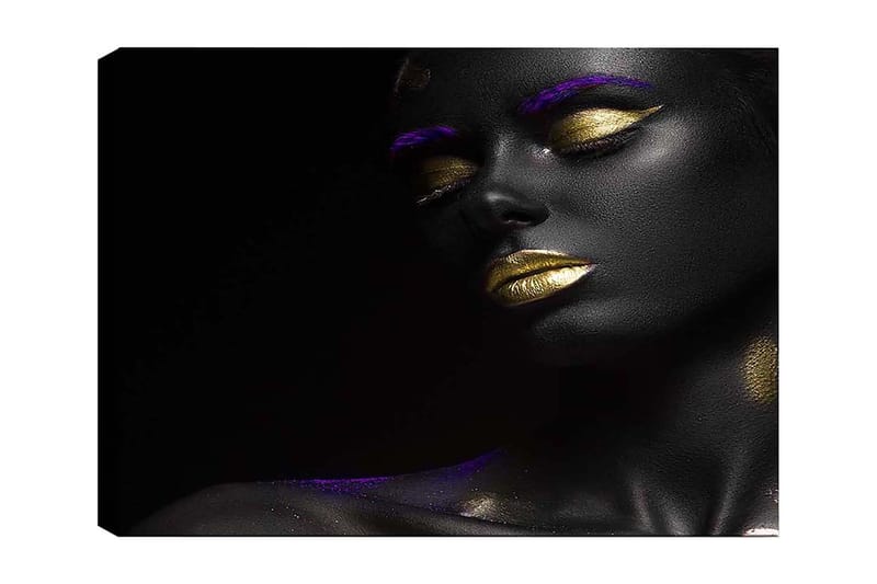 Lærred 70x100 cm - Portræt af en kvinde med sort hud og gyldne læber, fremhævet med lilla detaljer, Sort / Guld / Lilla