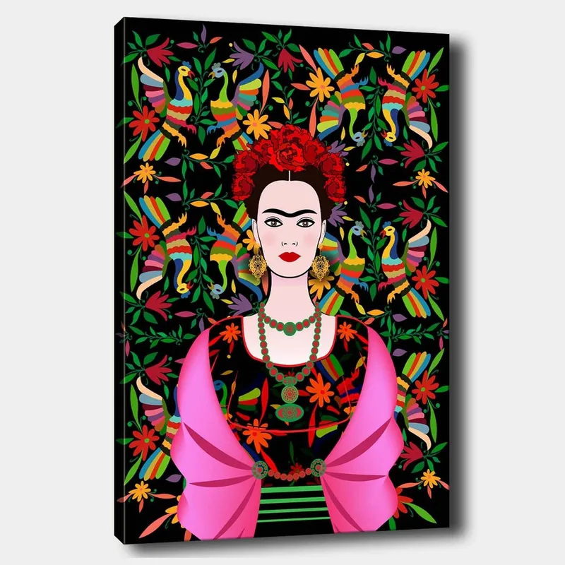 Lærred 70x100 cm - Portræt af en kvinde med traditionelle mexicanske elementer og farverig baggrund, Rød / Grøn / Sort