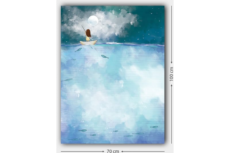 Lærred 70x100 cm - Person siddende i en båd under en stjerneklar nat med en stor måne over sig - Mørkeblå / Lyseblå / Hvid - Boligtilbehør - Billeder & kunst - Billeder på lærred