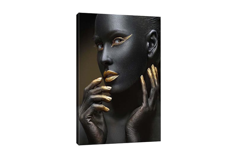 Lærred 70x100 cm - Portræt af en kvinde med sort ansigtsmaling og gyldne detaljer, Sort / Guld