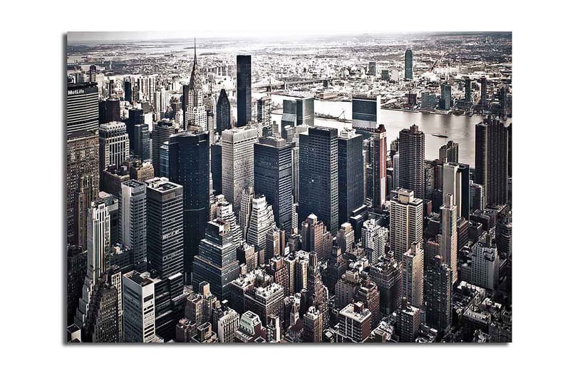 Lærred 70x100 cm - Panoramaudsigt over en by med høje skyskrabere og et livligt bybillede, Sort / Grå / Hvid