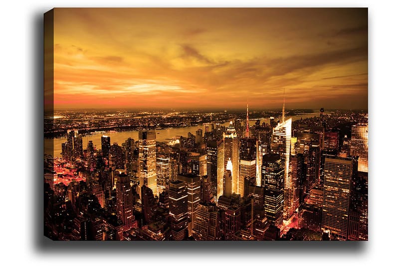 Lærred 70x100 cm - Panoramaudsigt over en by ved solnedgang med høje bygninger og en dramatisk himmel - Orange / Guld / Sort - Boligtilbehør - Billeder & kunst - Billeder på lærred