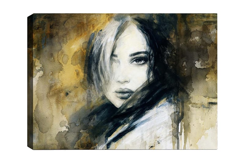Lærred 70x100 cm - Portræt af en kvinde med et mystisk og intenst blik, Mørkeblå / Beige / Hvid