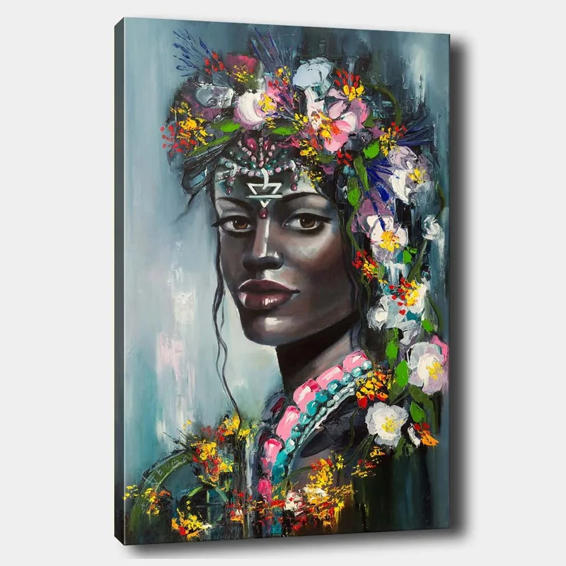 Lærred 70x100 cm - Portræt af en kvinde med blomster i håret og et mystisk udtryk, Sort / Pink / Grøn