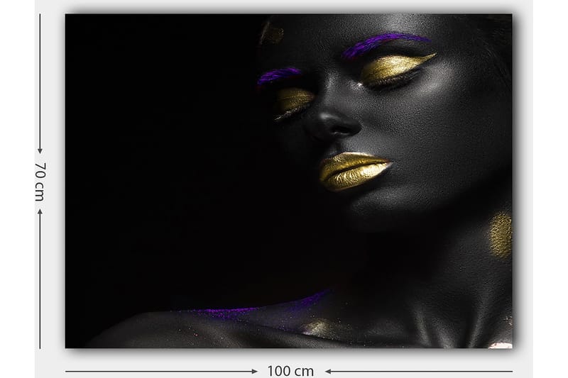 Lærred 70x100 cm - Portræt af en kvinde med sort hud og gyldne læber, fremhævet med lilla detaljer - Sort / Guld / Lilla - Boligtilbehør - Billeder & kunst - Billeder på lærred