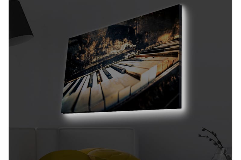 Lærred med LED-belysning - Sort klaver med hvide tangenter i en nostalgisk komposition, Sort / Hvid / Brun