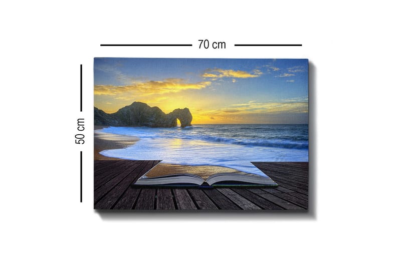 Lærredsbillede - Åben bog med en strand og solnedgang i baggrunden - Blå / Gylden / Beige - Boligtilbehør - Billeder & kunst - Billeder på lærred