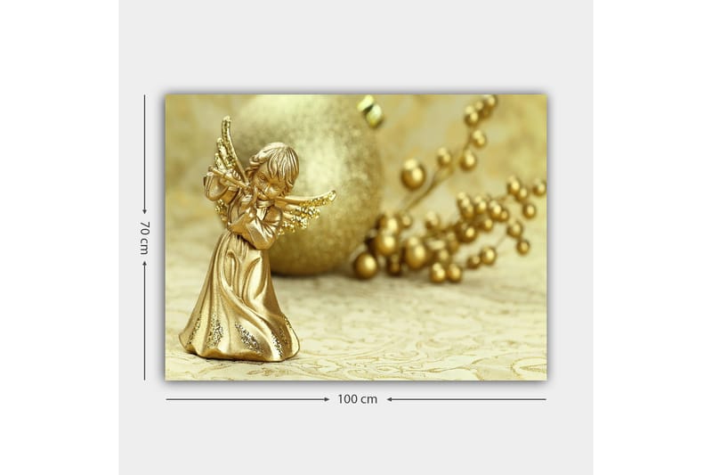 Lærredsbillede 70x100 cm - Gylden engel spiller fløjte, omgivet af dekorative elementer - Guld / Beige - Boligtilbehør - Billeder & kunst - Billeder på lærred