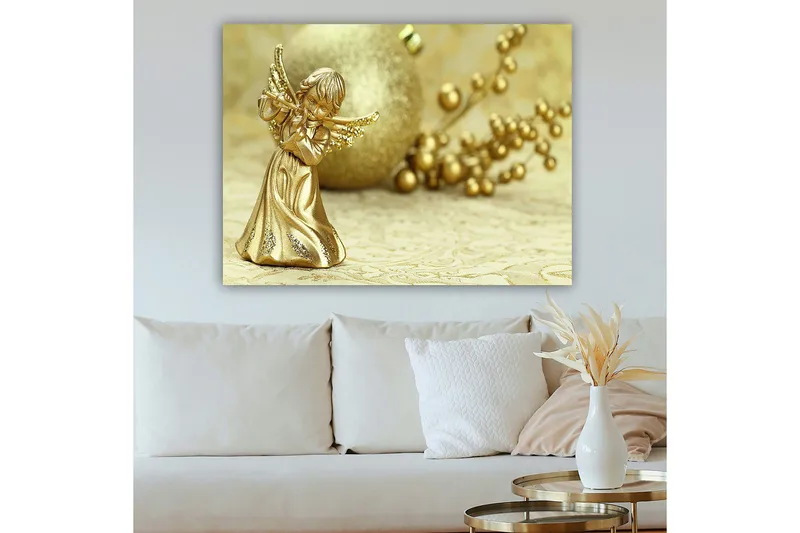 Lærredsbillede 70x100 cm - Gylden engel spiller fløjte, omgivet af dekorative elementer - Guld / Beige - Boligtilbehør - Billeder & kunst - Billeder på lærred