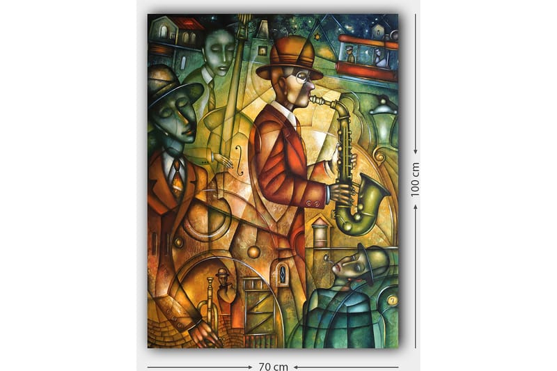 Lærredsbillede 70x100 cm - Jazzmusiker spiller saxofon omgivet af andre musikere i en livlig atmosfære - Grøn / Orange / Brun - Boligtilbehør - Billeder & kunst - Billeder på lærred