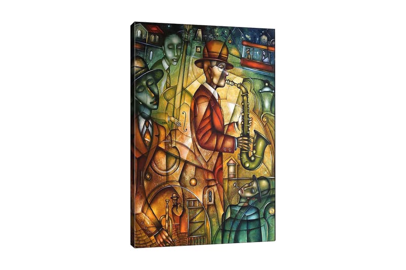 Lærredsbillede 70x100 cm - Jazzmusiker spiller saxofon omgivet af andre musikere i en livlig atmosfære, Grøn / Orange / Brun