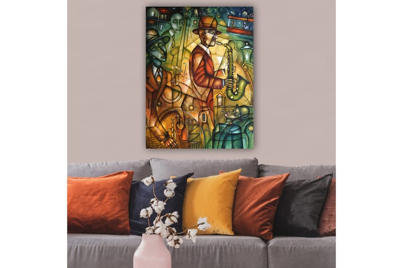 Lærredsbillede 70x100 cm - Jazzmusiker spiller saxofon omgivet af andre musikere i en livlig atmosfære - Grøn / Orange / Brun - Boligtilbehør - Billeder & kunst - Billeder på lærred