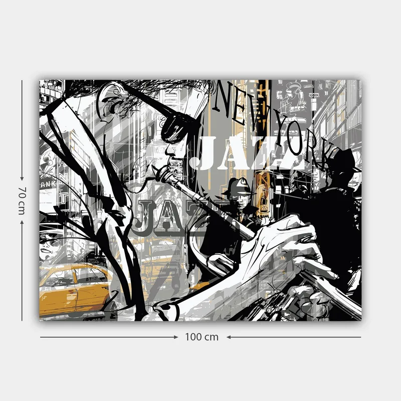 Lærredsbillede 70x100 cm - Jazzmusiker spiller trompet i et pulserende New York-bybillede - Sort / Grå / Gul - Boligtilbehør - Billeder & kunst - Billeder på lærred