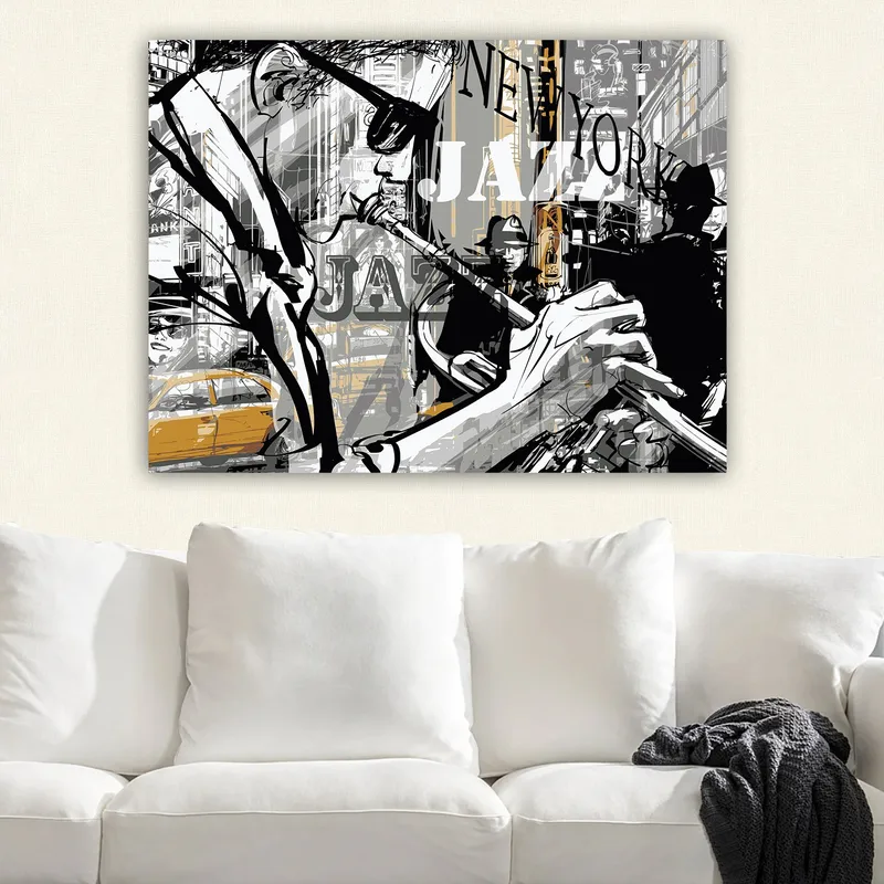 Lærredsbillede 70x100 cm - Jazzmusiker spiller trompet i et pulserende New York-bybillede - Sort / Grå / Gul - Boligtilbehør - Billeder & kunst - Billeder på lærred