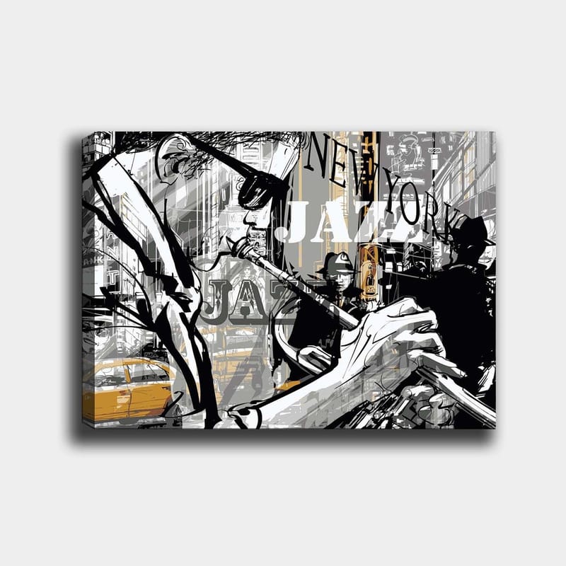 Lærredsbillede 70x100 cm - Jazzmusiker spiller trompet i et pulserende New York-bybillede, Sort / Grå / Gul