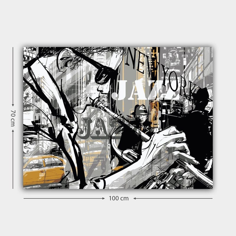 Lærredsbillede 70x100 cm - Jazzmusiker spiller trompet i et pulserende New York-bybillede - Sort / Grå / Gul - Boligtilbehør - Billeder & kunst - Billeder på lærred