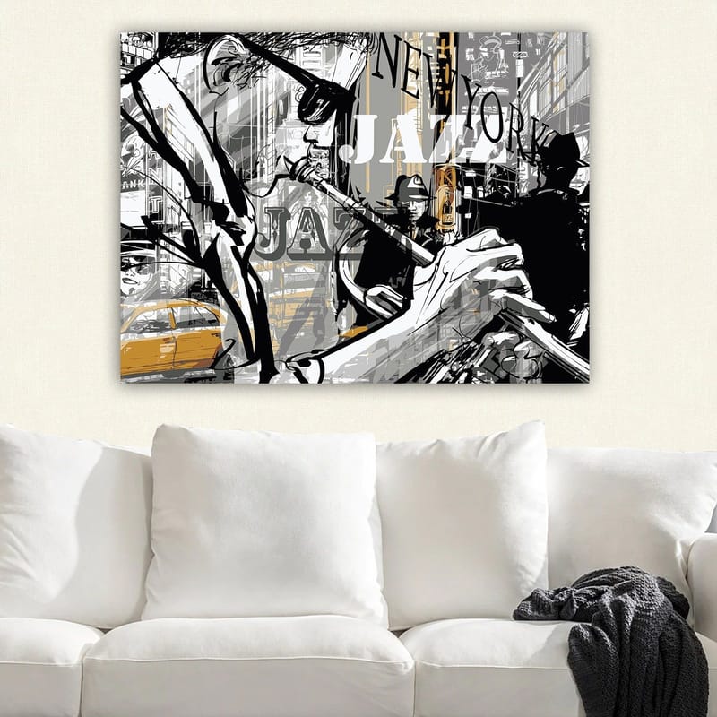 Lærredsbillede 70x100 cm - Jazzmusiker spiller trompet i et pulserende New York-bybillede - Sort / Grå / Gul - Boligtilbehør - Billeder & kunst - Billeder på lærred