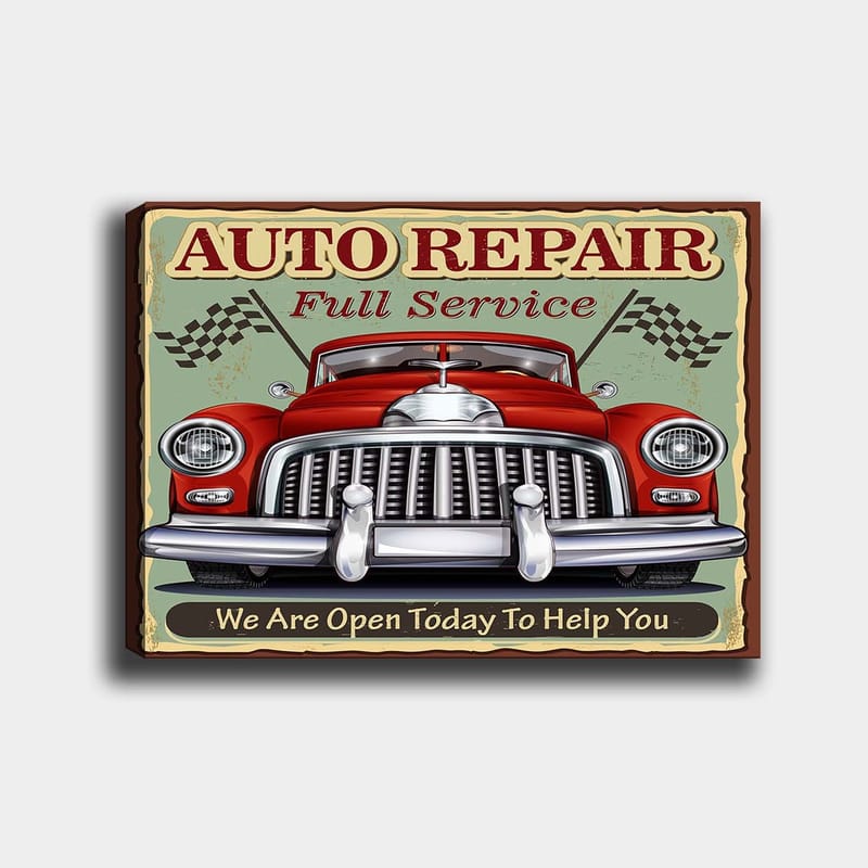 Lærredsbillede 70x100 cm - Klassisk rød bil med forkromet kølergrill og racerflag i baggrunden, Rød / Krom (sølv) / Grøn