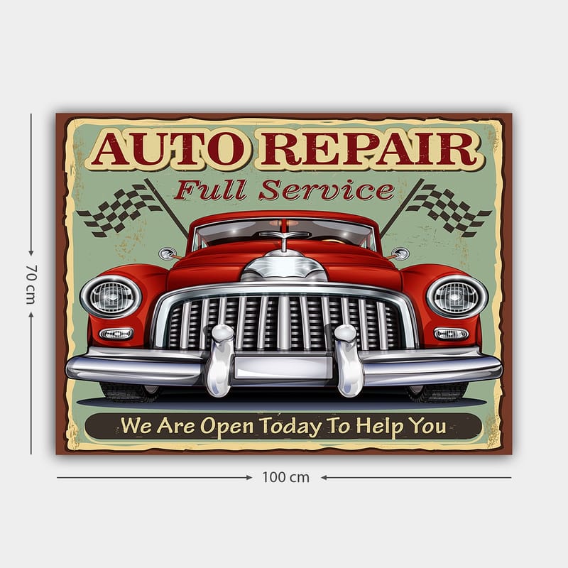 Lærredsbillede 70x100 cm - Klassisk rød bil med forkromet kølergrill og racerflag i baggrunden - Rød / Krom (sølv) / Grøn - Boligtilbehør - Billeder & kunst - Billeder på lærred