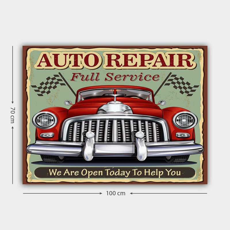 Lærredsbillede 70x100 cm - Klassisk rød bil med forkromet kølergrill og racerflag i baggrunden - Rød / Krom (sølv) / Grøn - Boligtilbehør - Billeder & kunst - Billeder på lærred