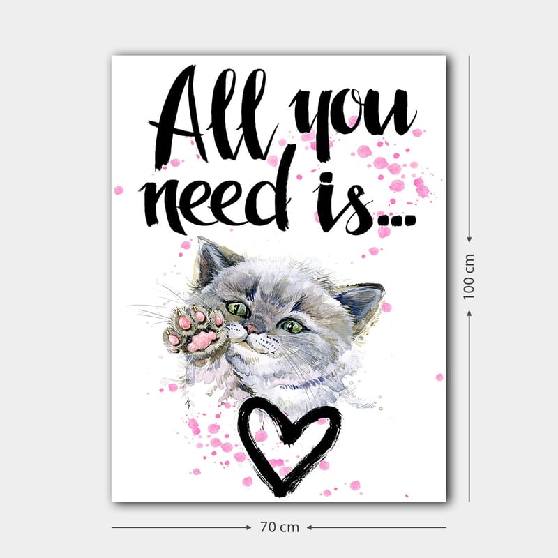 Lærredsbillede 70x100 cm - Sød kat, der strækker sin pote ud med en hjerteformet omrids i baggrunden - Grå / Lyserød / Grøn - Boligtilbehør - Billeder & kunst - Billeder på lærred