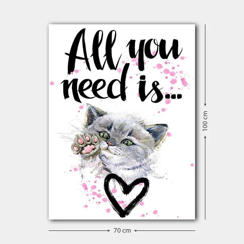 Lærredsbillede 70x100 cm - Sød kat, der strækker sin pote ud med en hjerteformet omrids i baggrunden - Grå / Lyserød / Grøn - Boligtilbehør - Billeder & kunst - Billeder på lærred