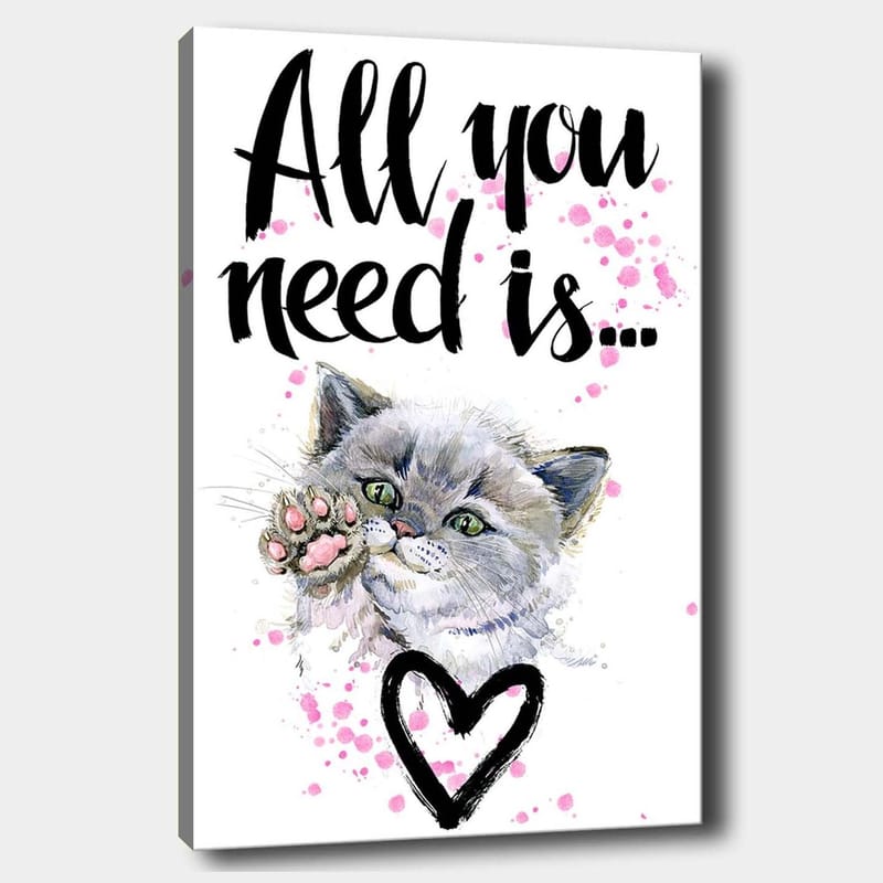 Lærredsbillede 70x100 cm - Sød kat, der strækker sin pote ud med en hjerteformet omrids i baggrunden, Grå / Lyserød / Grøn