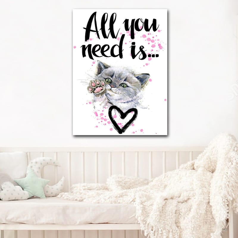 Lærredsbillede 70x100 cm - Sød kat, der strækker sin pote ud med en hjerteformet omrids i baggrunden - Grå / Lyserød / Grøn - Boligtilbehør - Billeder & kunst - Billeder på lærred