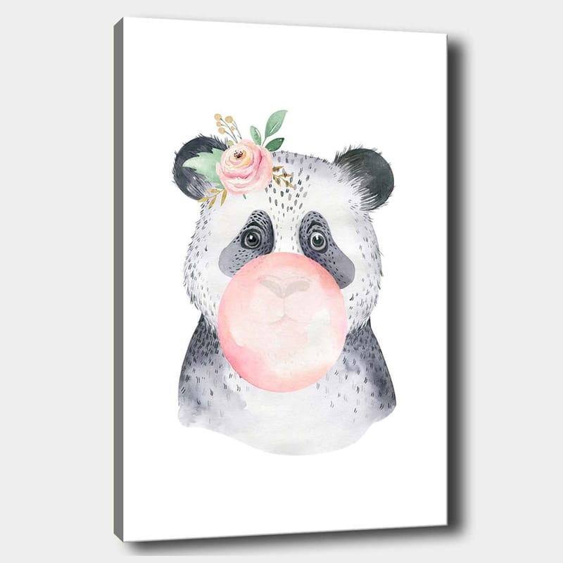Lærredsbillede 70x100 cm - Sød panda der blæser tyggegummi med en blomst i øret, Grå / Lyserød / Grøn