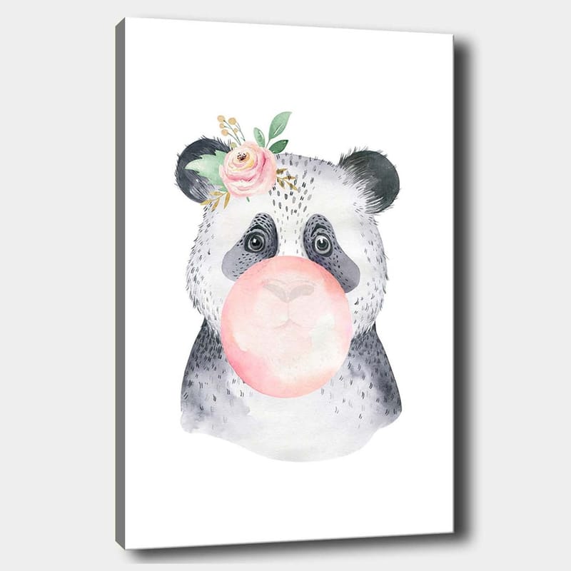 Lærredsbillede 70x100 cm - Sød panda der blæser tyggegummi med en blomst i øret, Grå / Lyserød / Grøn