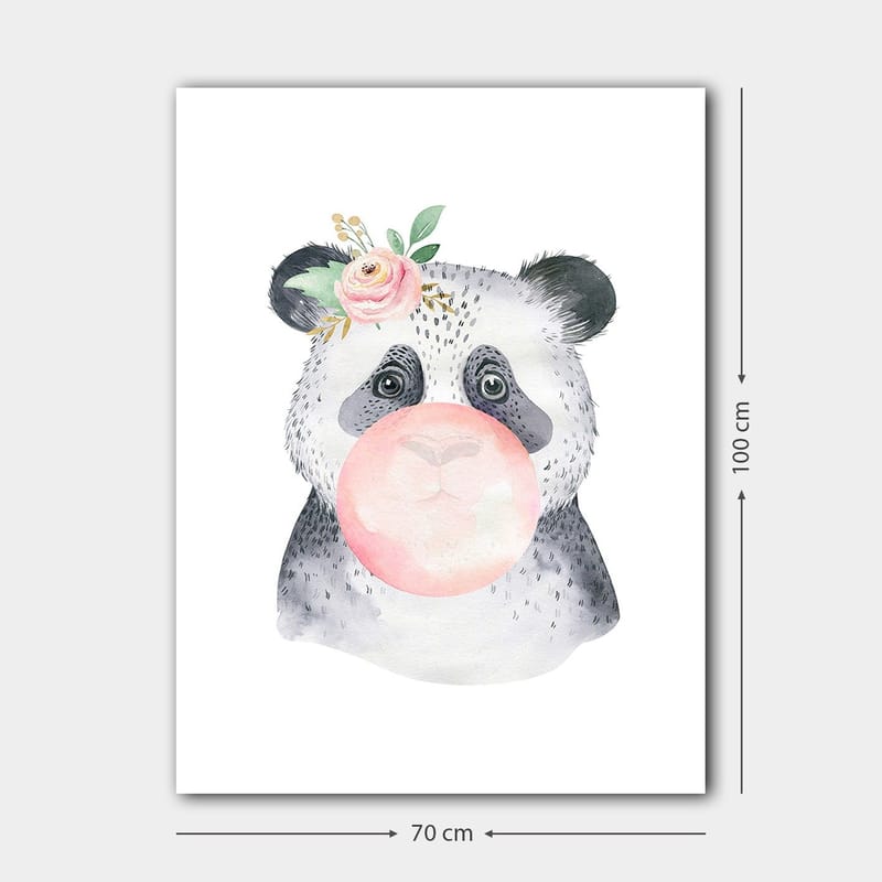 Lærredsbillede 70x100 cm - Sød panda der blæser tyggegummi med en blomst i øret - Grå / Lyserød / Grøn - Boligtilbehør - Billeder & kunst - Billeder på lærred