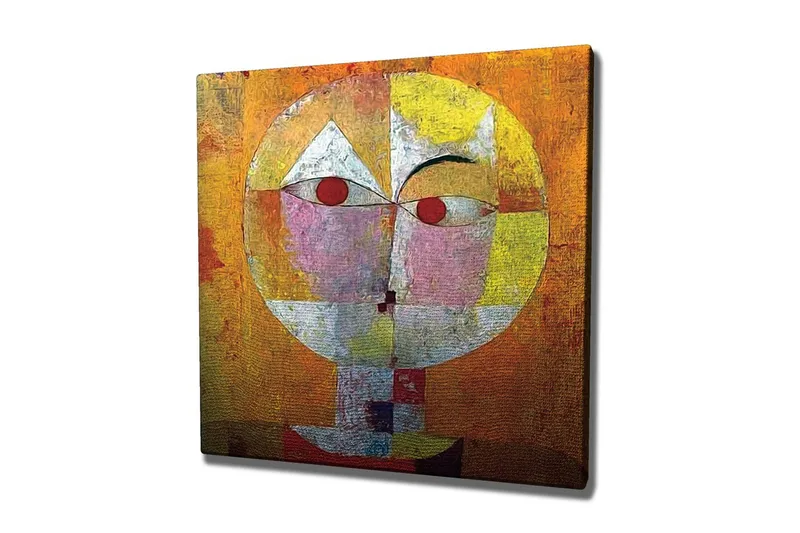 Lærredsbillede - Abstrakt ansigt med geometriske former og stærke farver, Orange / Rød / Hvid