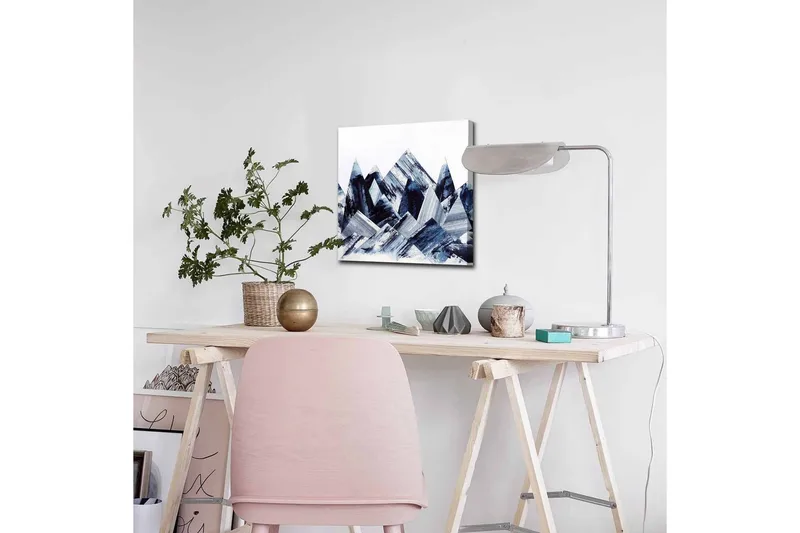 Lærredsbillede - Abstrakt bjerglandskab med geometriske former - Mørkeblå / Grå / Hvid - Boligtilbehør - Billeder & kunst - Billeder på lærred