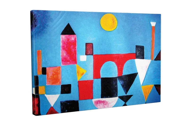 Lærredsbillede - Abstrakt bybillede med geometriske former og farverige bygninger, Blå / Rød / Sort