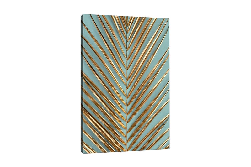 Lærredsbillede - Abstrakt komposition af blade med gyldne linjer, Guld / Turkis