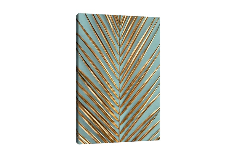 Lærredsbillede - Abstrakt komposition af blade med gyldne linjer, Guld / Turkis