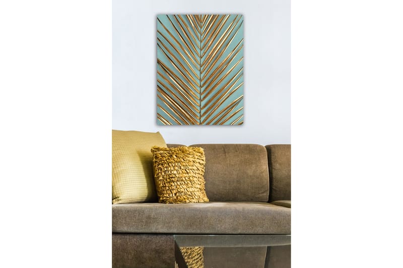 Lærredsbillede - Abstrakt komposition af blade med gyldne linjer - Guld / Turkis - Boligtilbehør - Billeder & kunst - Billeder på lærred